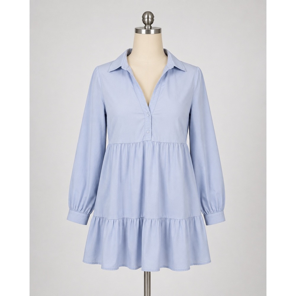 Zara Womens Light Blue Poplin Tiered Babydoll Mini Dress Long Sleeve V-Neck M
